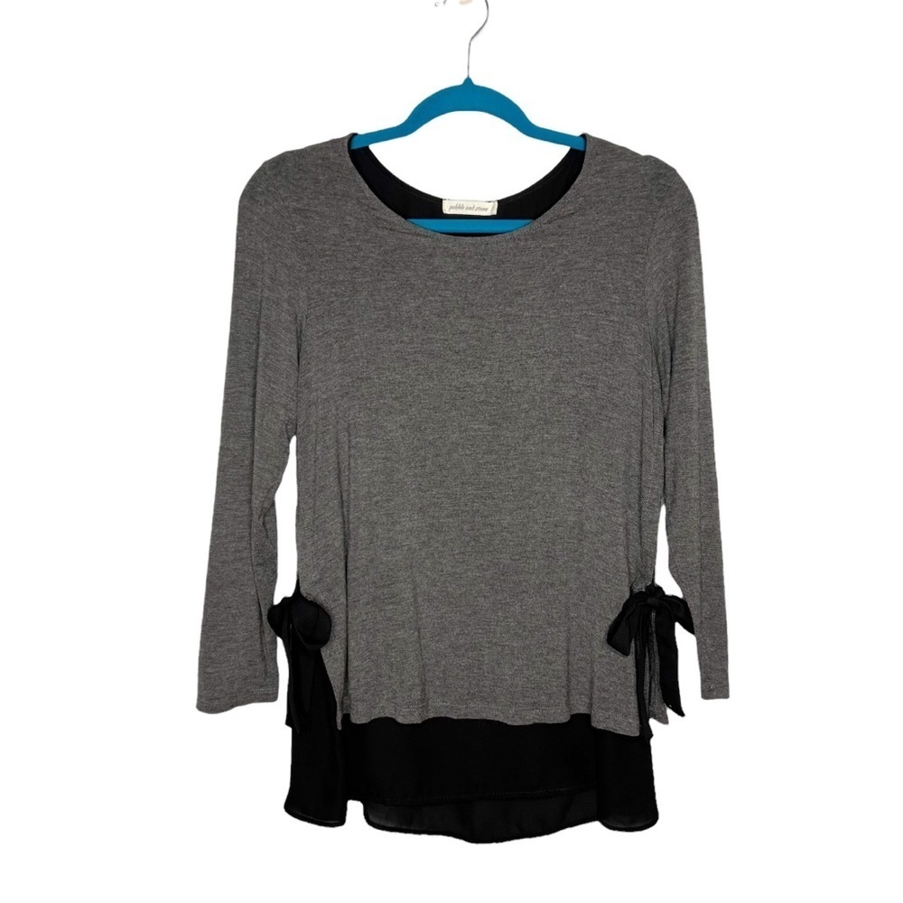 Pebble & Stone Gray Double Layer Tie Sides Long Sleeve Blouse